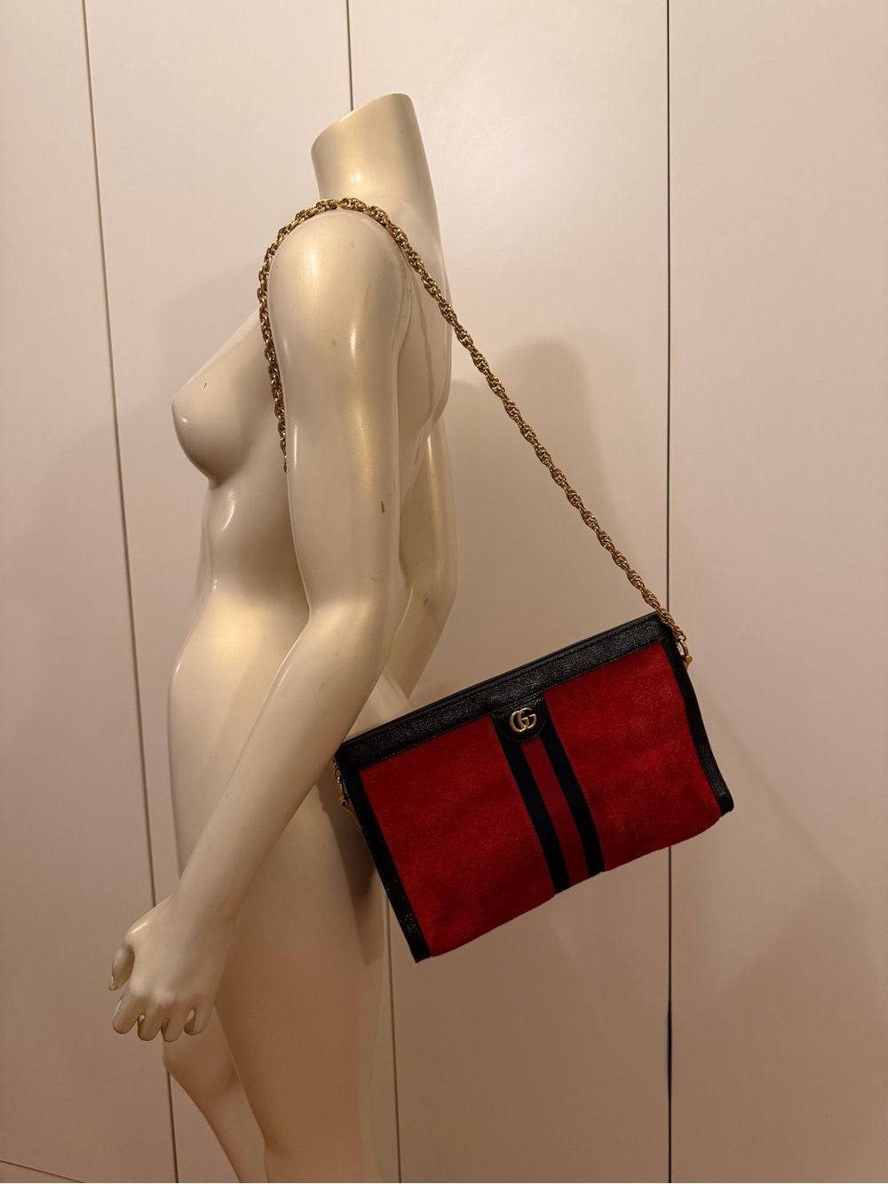 Gucci Red Suede and Black Trim Crossbody with Gold Chain